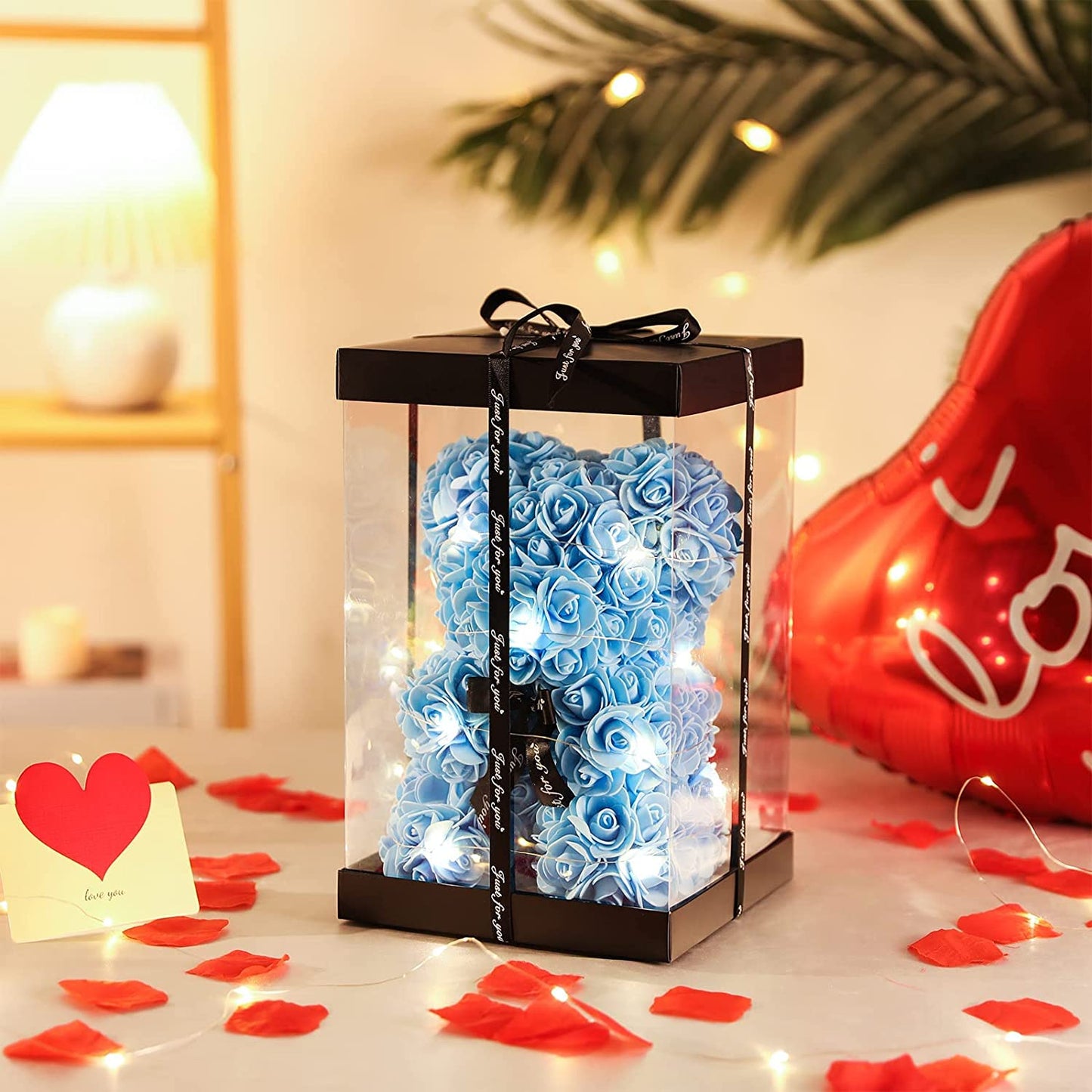 Blue Flower Bear Rose Teddy Bear with Box Lights Necklace Balloon Card