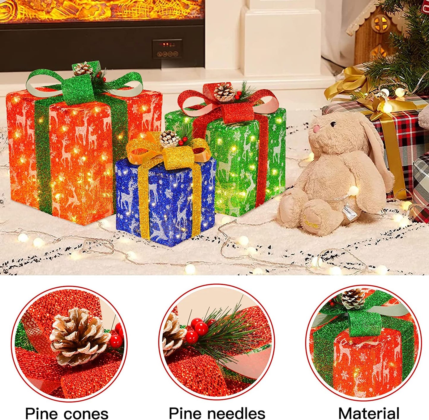 Set of 3 Christmas Multicolor LED Light up Present Boxes with Bow and Pinecones