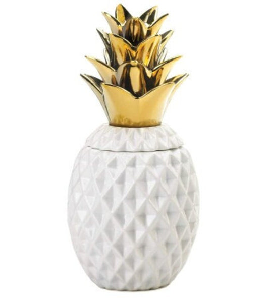 Pineapple Ceramic Canister Crown Lid Food Jar Hawaiian Themed Home Decor Accent-Gold