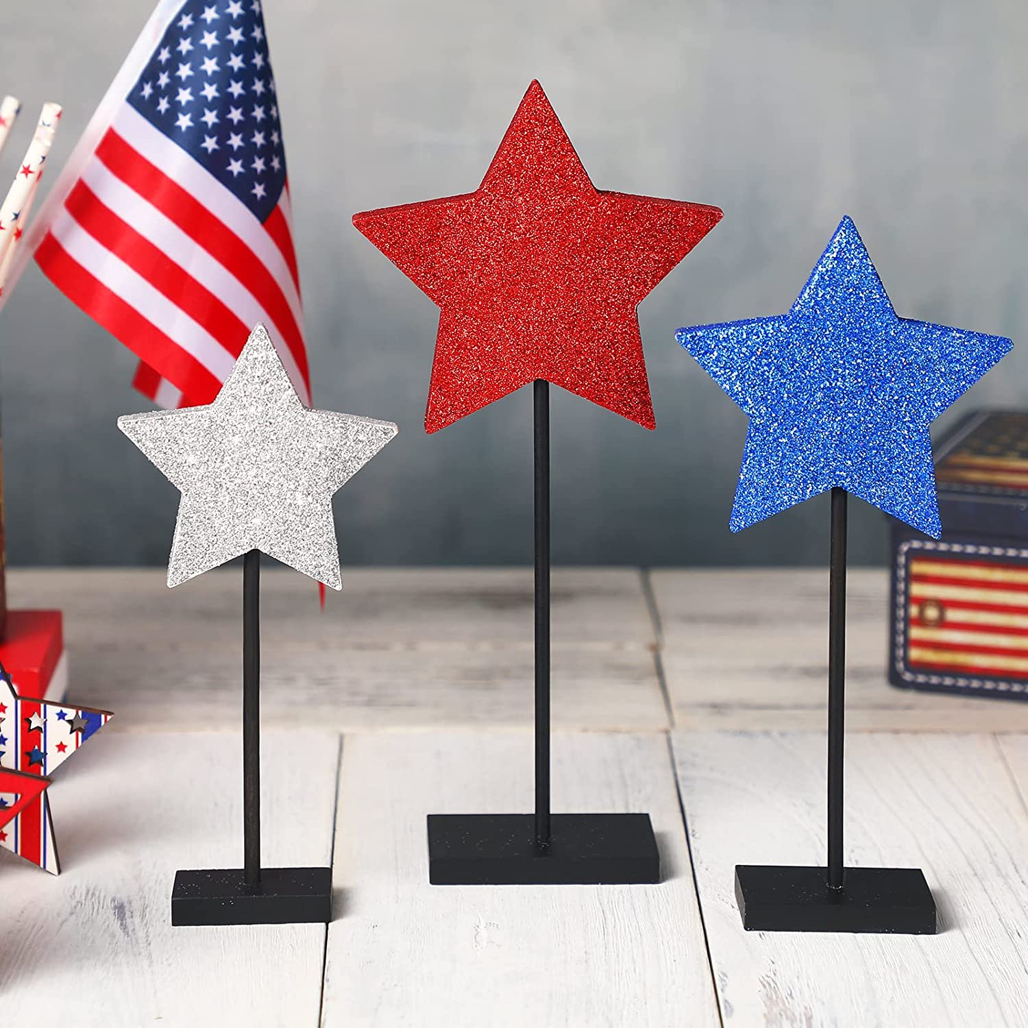 3 Pieces 4th of July Patriotic Decorations Wood Star Decoration (Twinkle Style)