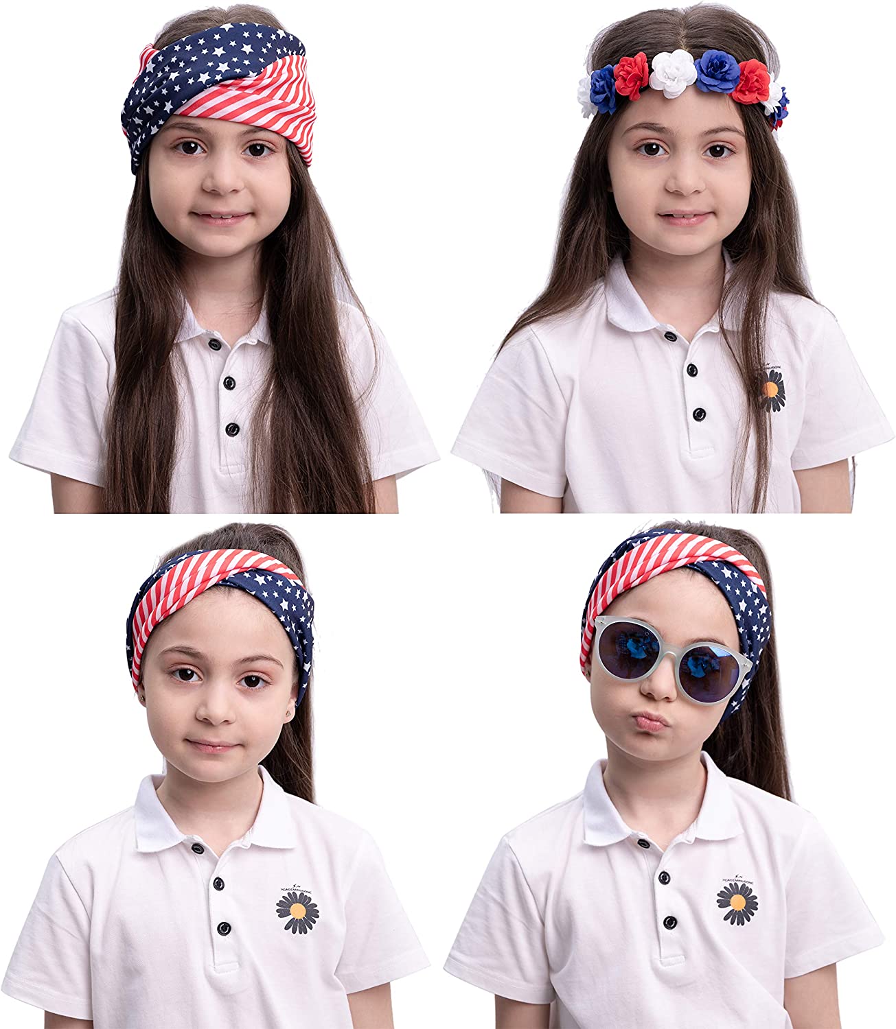 2 Pcs Patriotic Accessories w/. American Flag Headband and Flower Headband for Women Girls