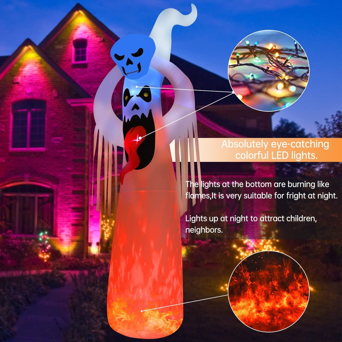 12ft Giant Halloween Inflatables White Ghost w/ 3D Tongue & Holding Small Ghost