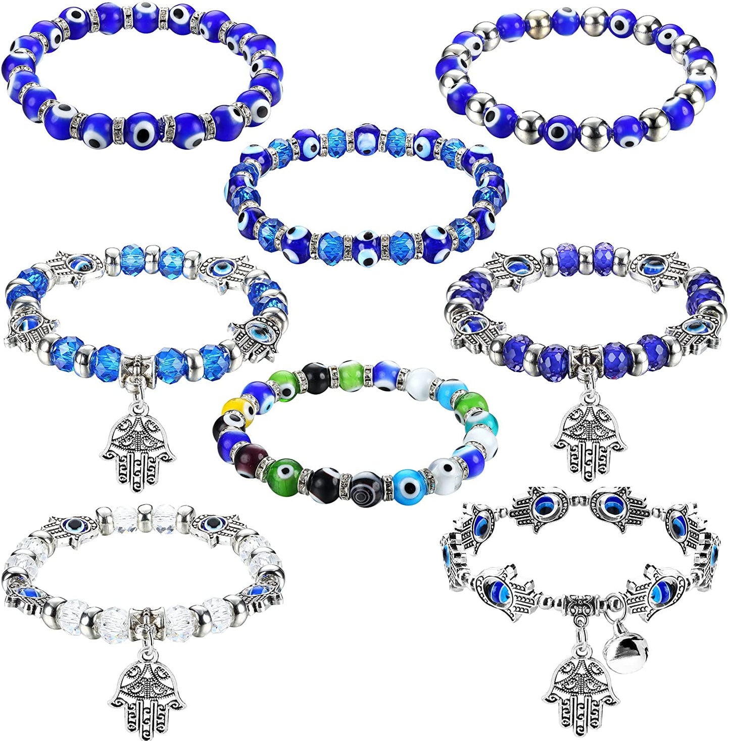 8 PCS Evil Eye Beaded Adjustable Hamsa Stretch Hand of Fatima Turkish Bracelet