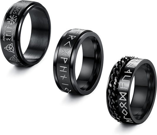 3Pcs Stainless Steel Viking Rune Band Ring- Cool Spinner Fidget Rings