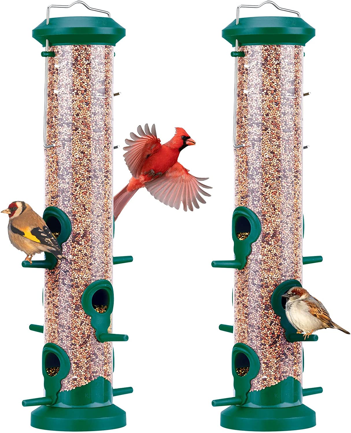 2 Pack Tube Bird Feeders for Outdoors Hanging, Premium Hard Plastic w/ 6 Feeding Ports, Weatherproof & Steel Hanger, Attracting for Wild Birds (Green)