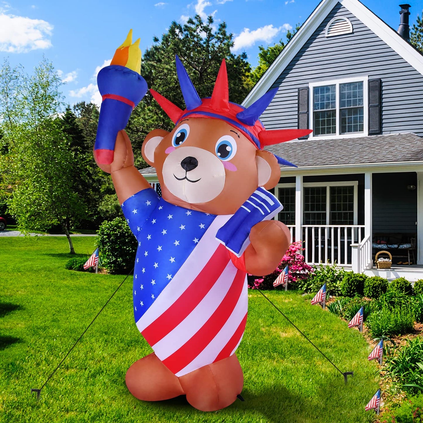 Patriotic Independence Day Inflatable Liberty Bear Statue Blowup w/ Built-in LED Light