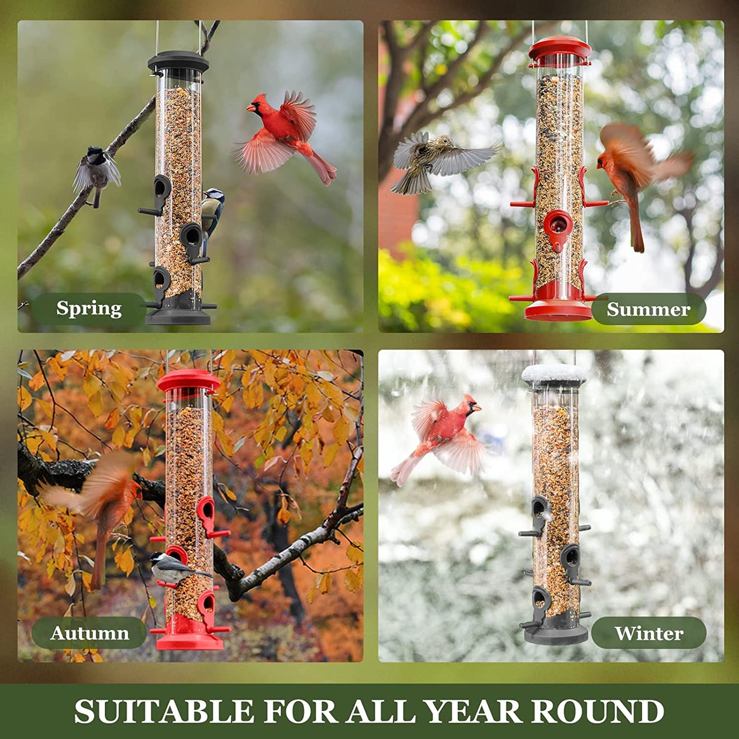 2 Pack Tube Bird Feeders Hanging, Premium Hard Plastic w/ 6 Feeding Ports, Weatherproof & Steel Hanger, (Red)