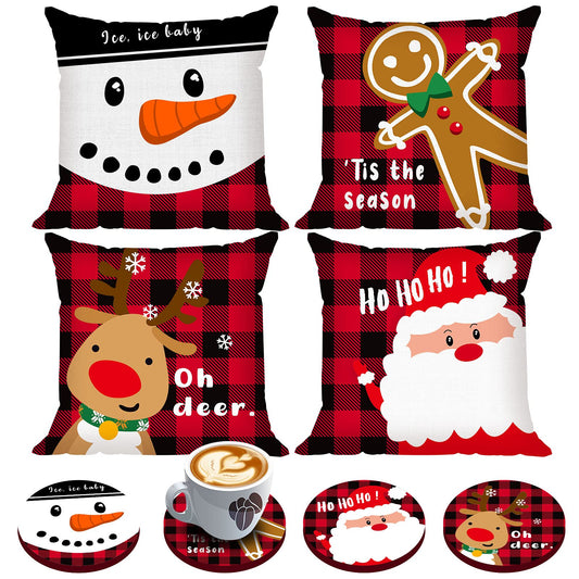 Set of 4 Buffalo Plaid Christmas Pillow Covers with 4 Bonus Coasters, Cartoon Snowman Santa Deer Plaid Cushion Case Red 20"x20"