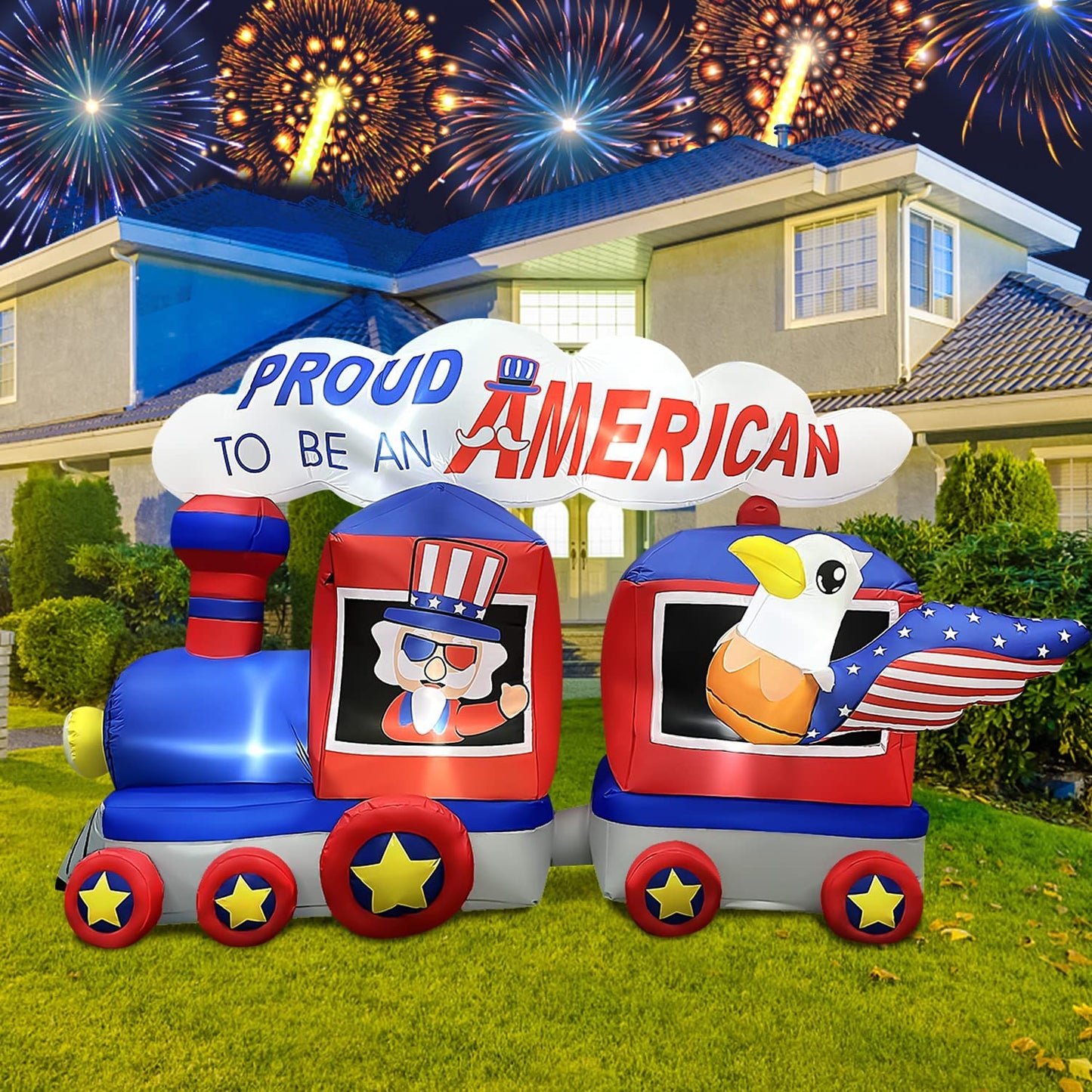 8 FT Independence Day Inflatable Uncle Sam Sitting on Train w/ Eagle & LEDs