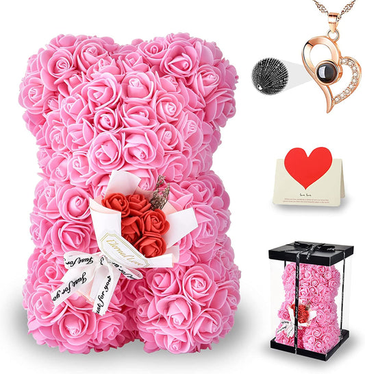 Pink Rose Bear Valentines Day Gifts for Her w/ Box & I Love You Necklace