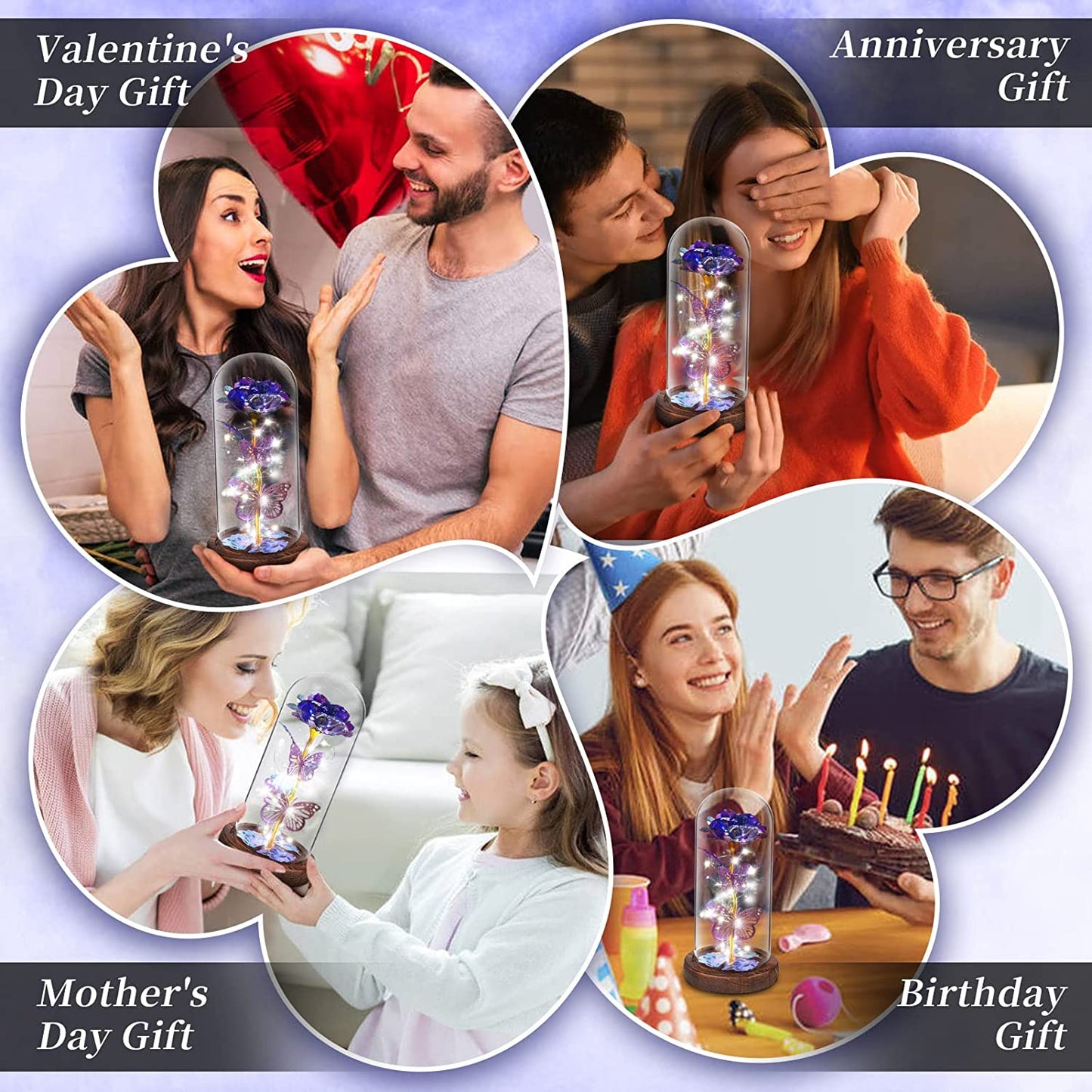 Valentines Day Gifts, Light Up Preserved Galaxy Rose, Flower Butterfly in Glass Dome, Purple