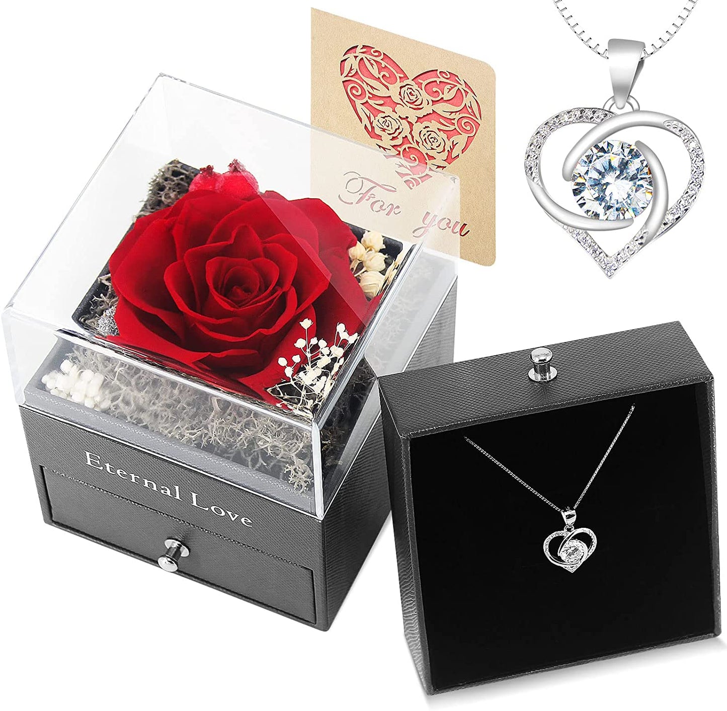 Valentines Day Gifts, Preserved Real Red Rose Jewelry Box w/ 14K Gold Plated Silver Heart Necklace (Red)