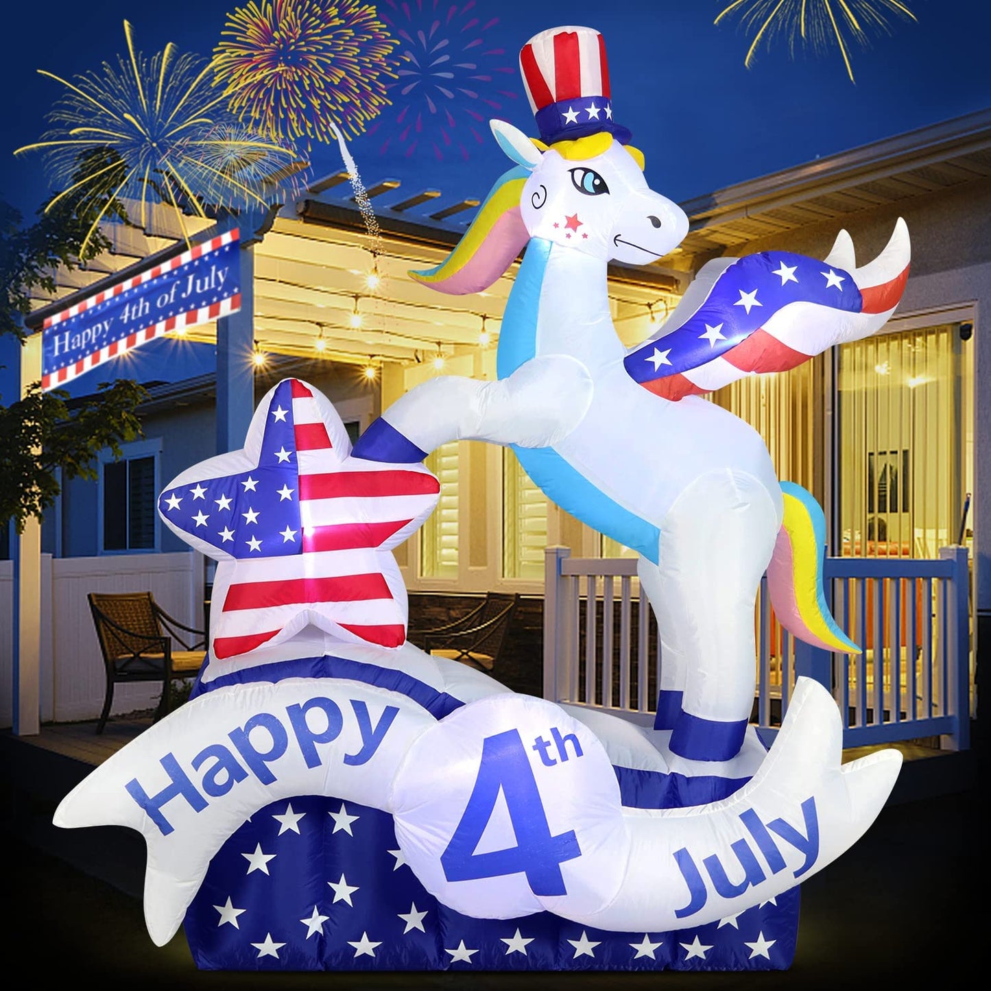 6 FT Tall Patriotic Independence Day 4th of July Inflatable Stars & stripes Unicorn Star w/ LEDS