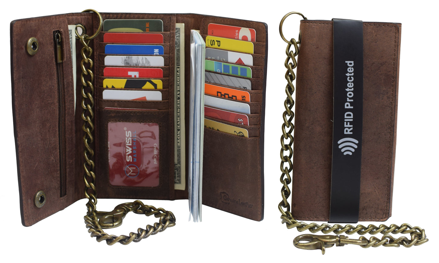 RFID Blocking Men's Vintage Brown Genuine Leather Long Tri-fold Chain Wallet