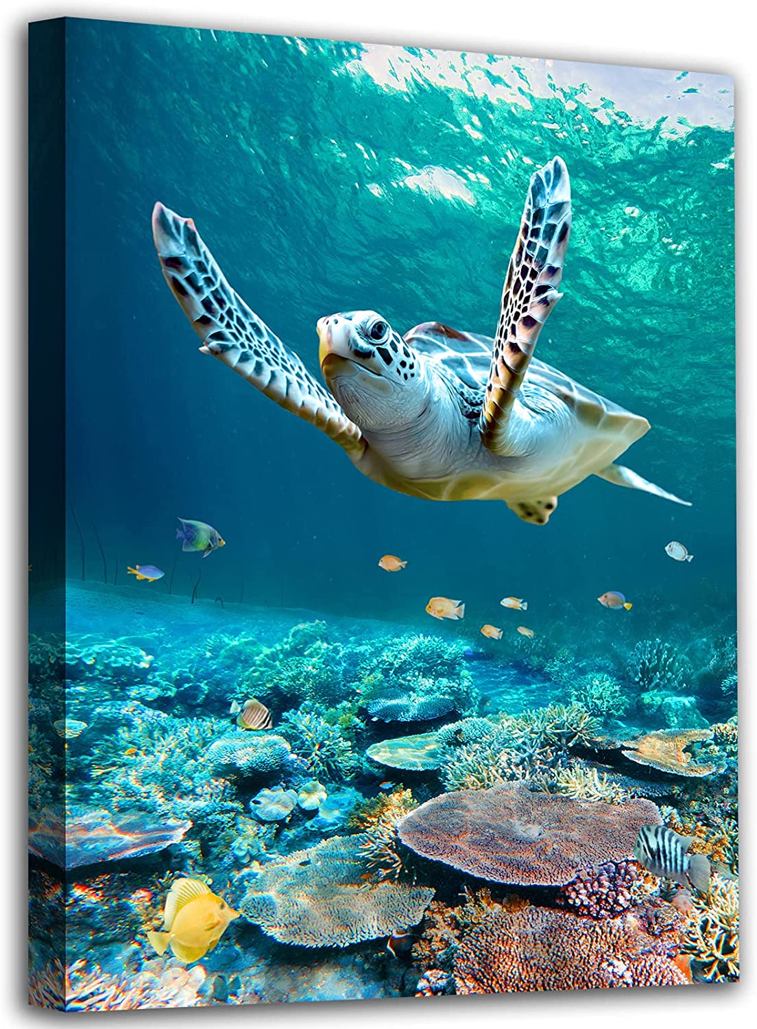 Ocean Canvas Wall Art Sea Turtle Coral Theme Painting Artwork Ready to Hang 12"x16"