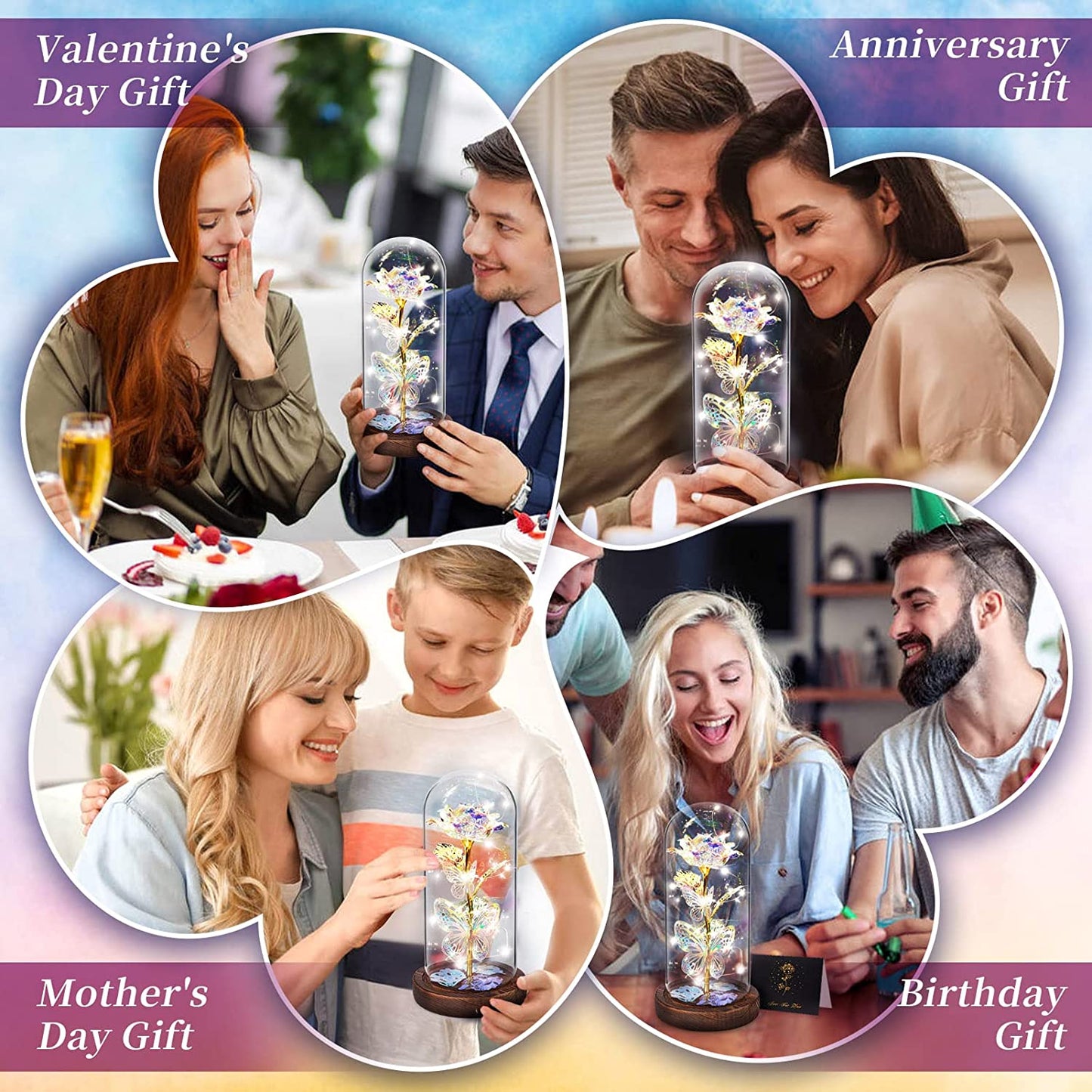 Valentines Day Gifts for Her,Light Up Preserved Galaxy Rose Flower Butterfly in Glass Dome, Silver