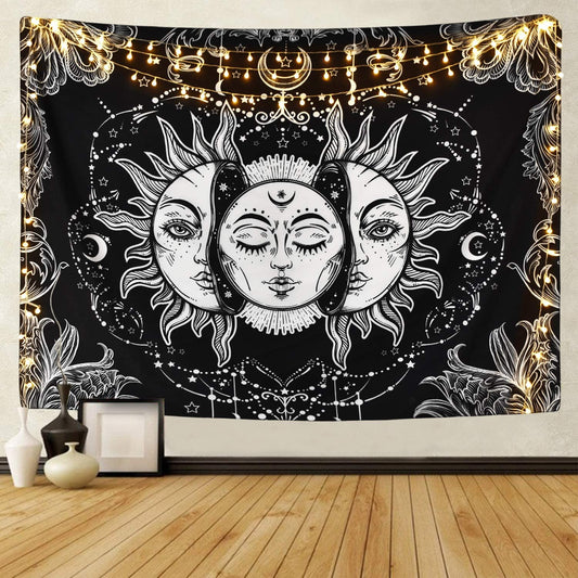 Sun and Moon Burning Sun with Star Psychedelic Tapestry Black and White Mystic Wall Hanging