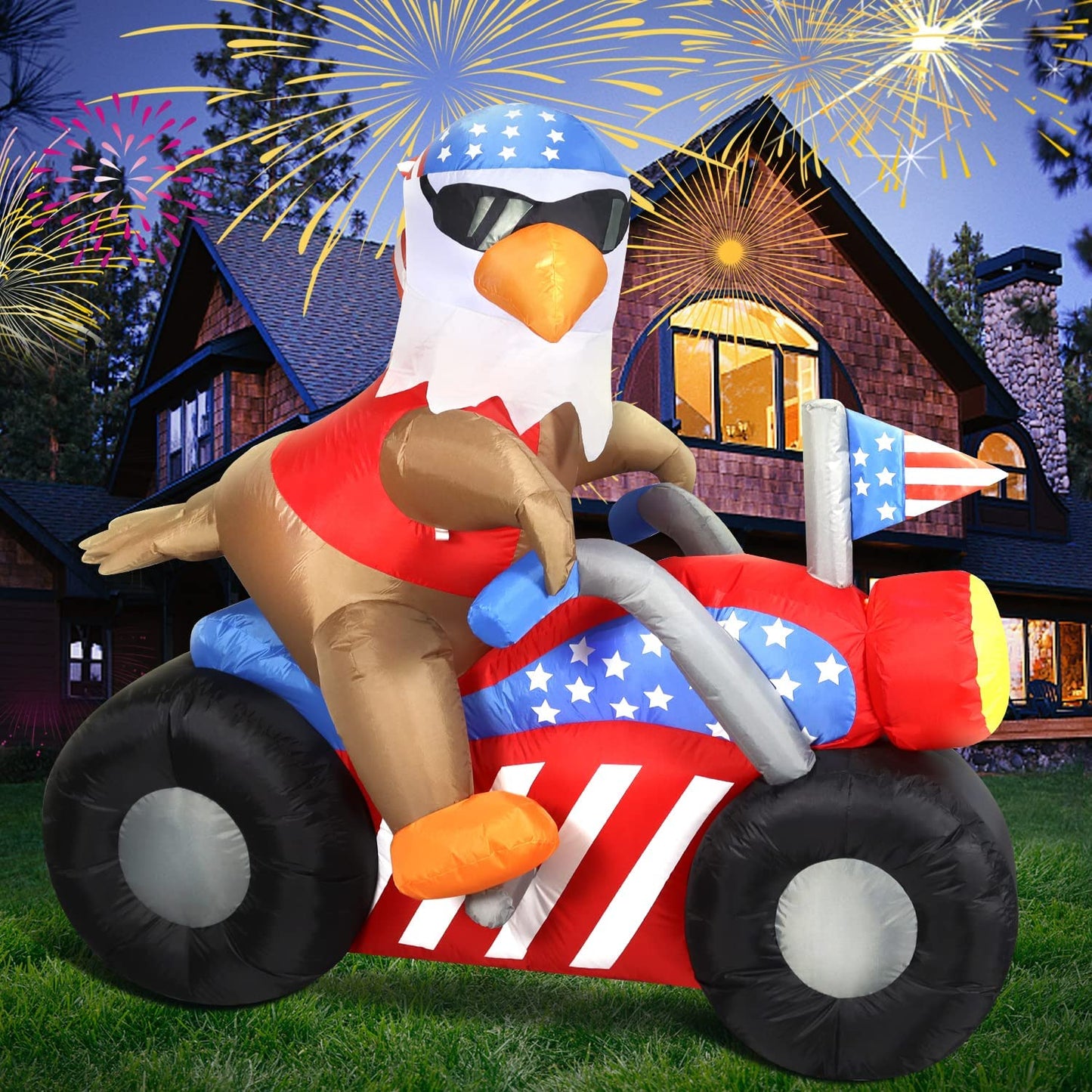 6 FT Long Patriotic Independence Day 4th of July Inflatable Bald Eagle Sitting on Motorcycle w/ LEDs