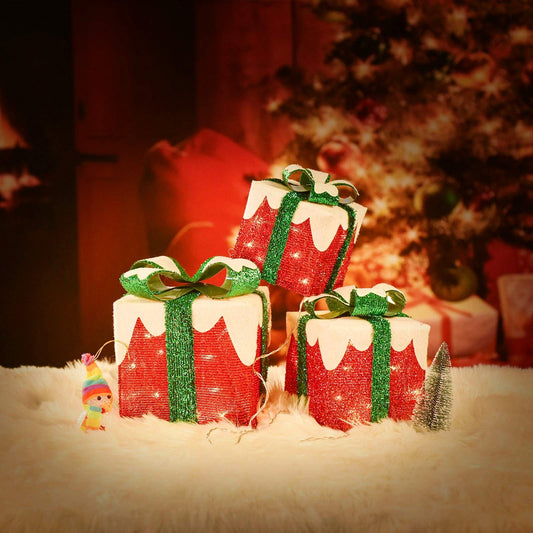 Set of 3 60LED Light Up Cover Snow Gift Boxes Waterproof Christmas Party Decorations
