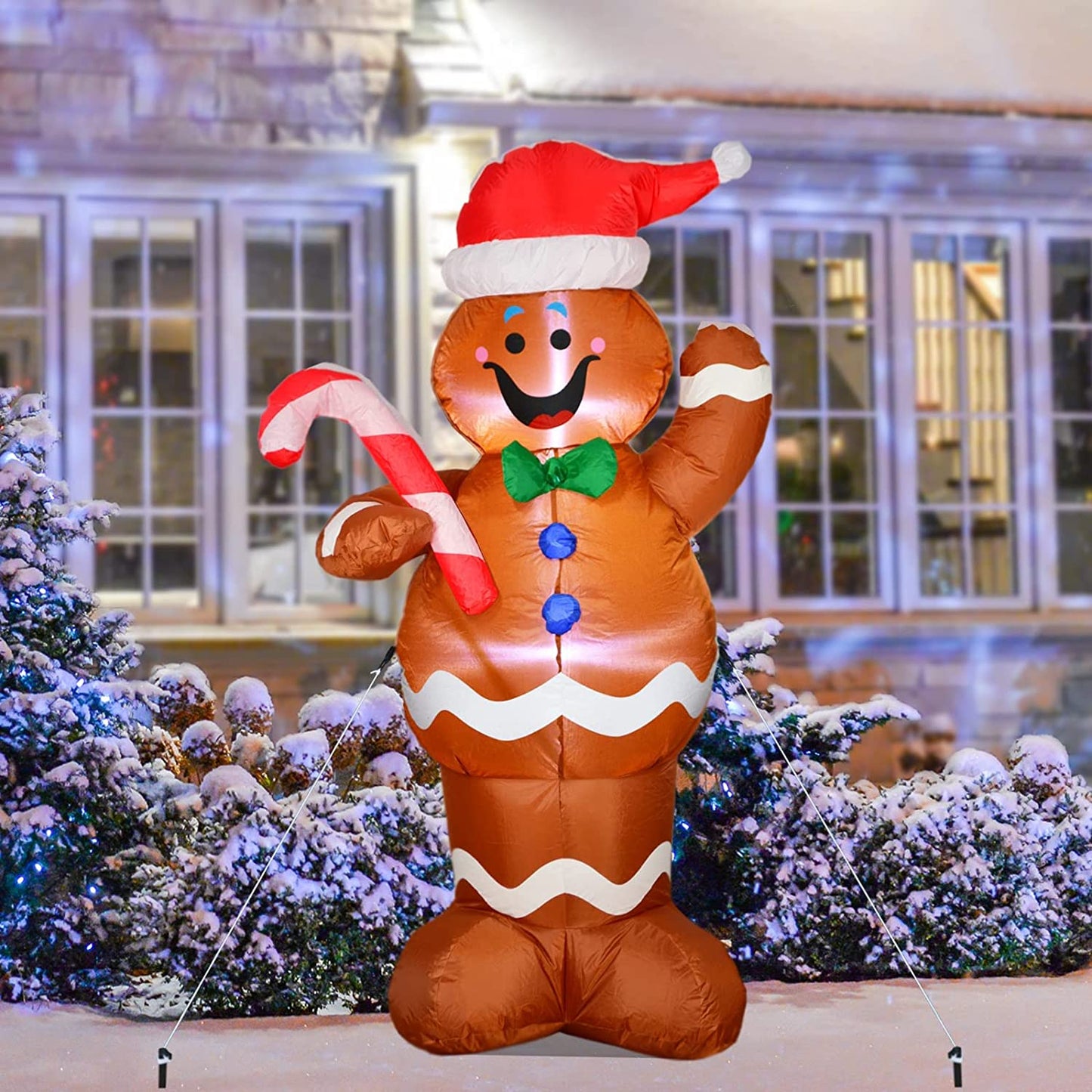 5ft Inflatable LED Lighted Gingerbread Man with Candy Cane Blow up Outdoor Yard Decoration