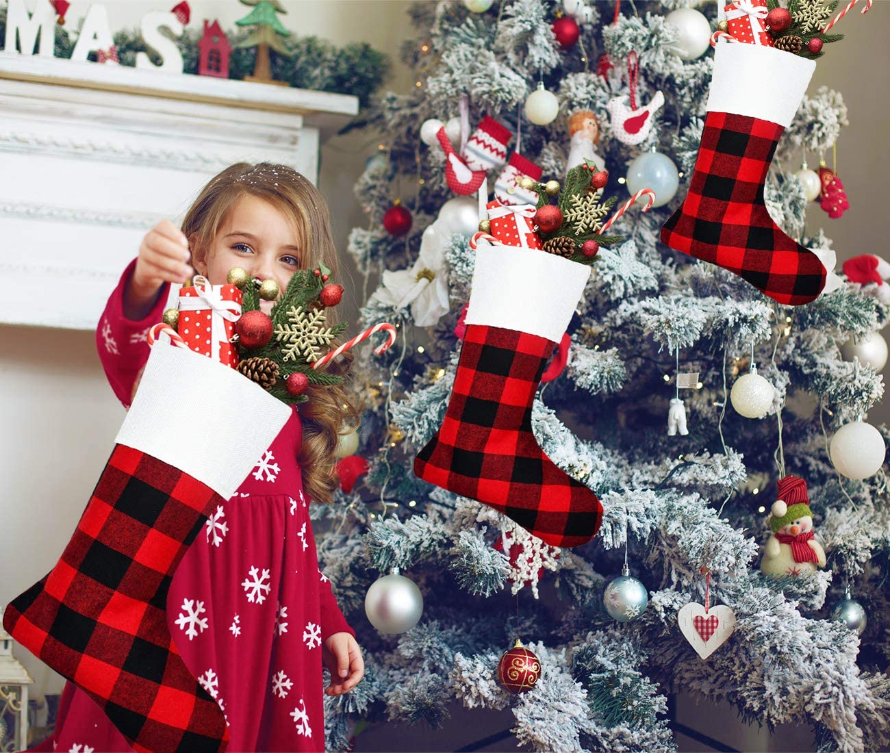 6 Pack Christmas Stockings- 18 Inch Red Black Buffalo Plaid Christmas Stockings