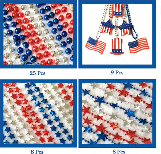 50 Pcs 4th of July Beads Necklaces Bulk, Metallic Red Bule Silver Patriotic Star Bead Necklaces for 4th of July