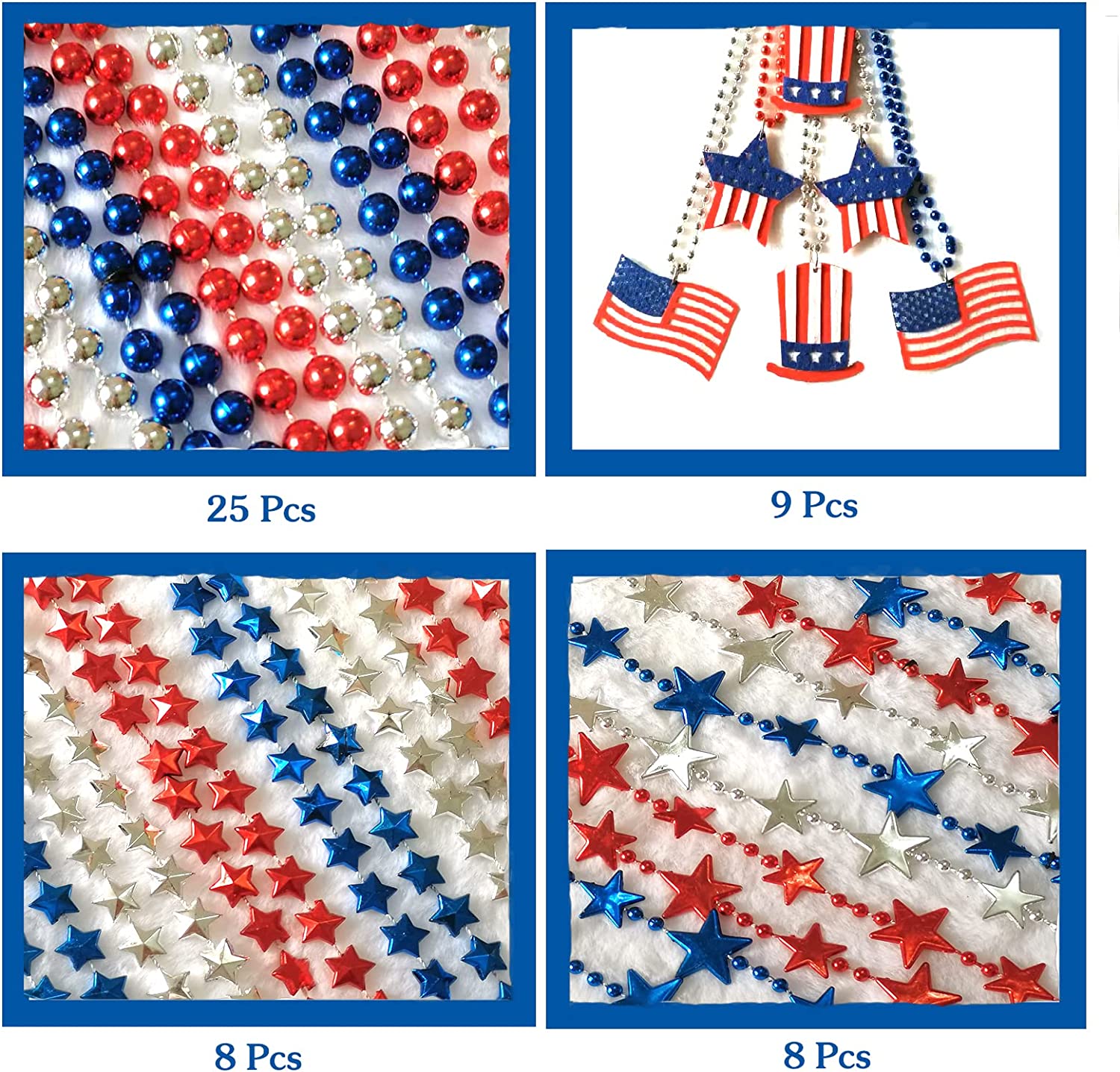 50 Pcs 4th of July Beads Necklaces Bulk, Metallic Red Bule Silver Patriotic Star Bead Necklaces for 4th of July