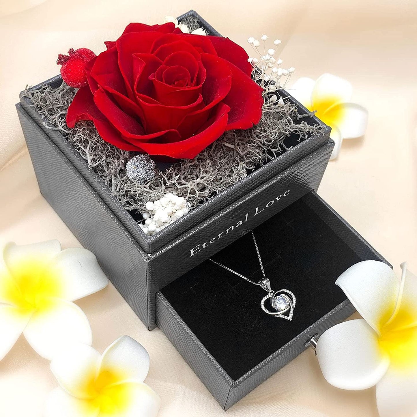 Valentines Day Gifts, Preserved Real Red Rose Jewelry Box w/ 14K Gold Plated Silver Heart Necklace (Red)