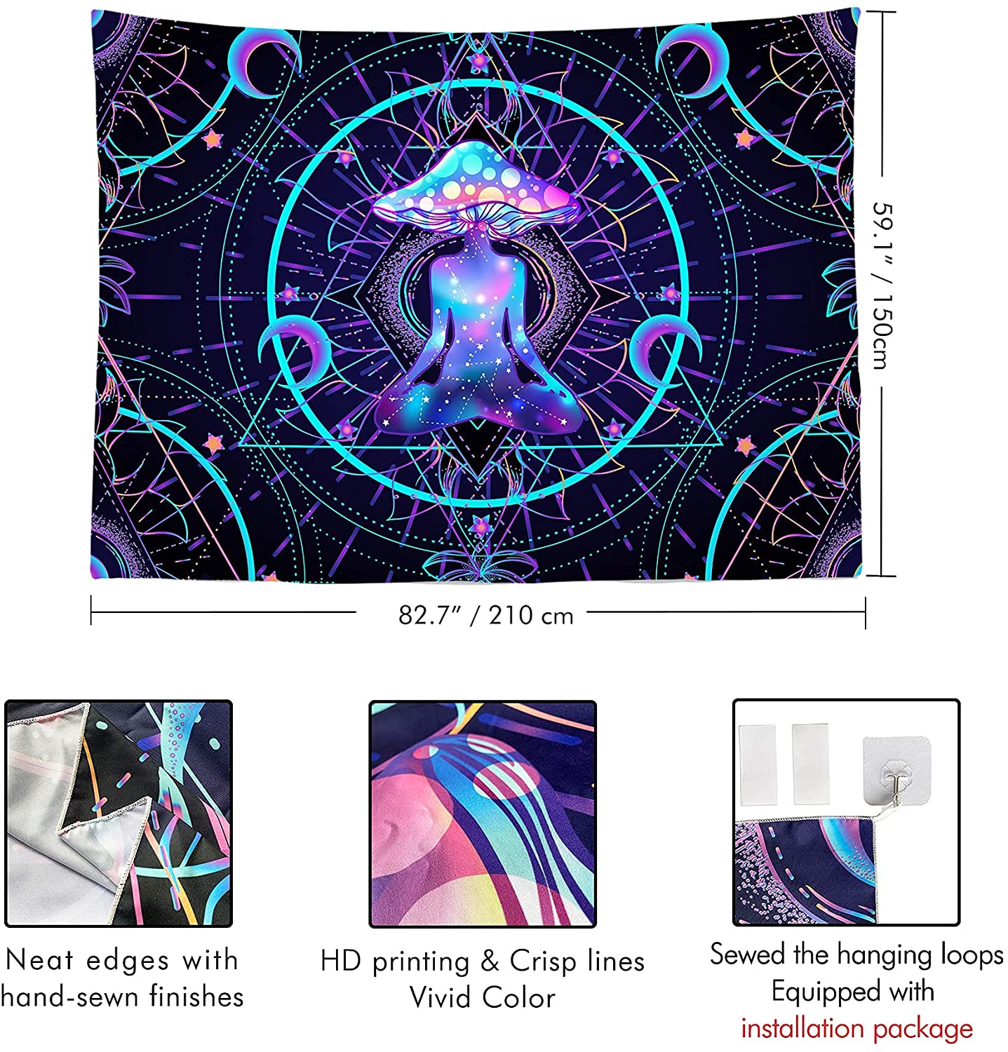 Trippy Tapestry Psychedelic Wall Hanging Mushroom Chakra Wall Blanket Decor for Home, Bedroom, Living Room and Dorm