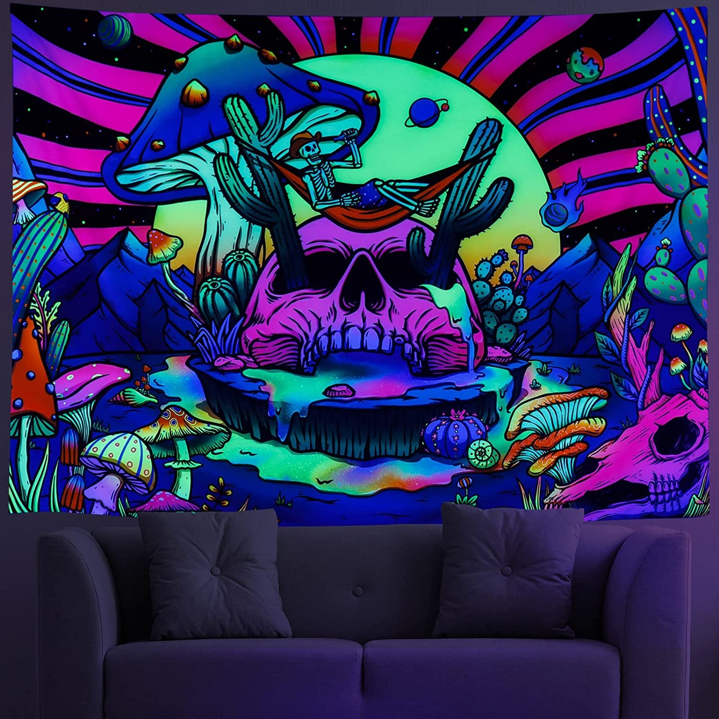 Blacklight Skull Tapestry UV Reactive Mushroom Trippy Cactus Psychedelic Starry Stars, Small