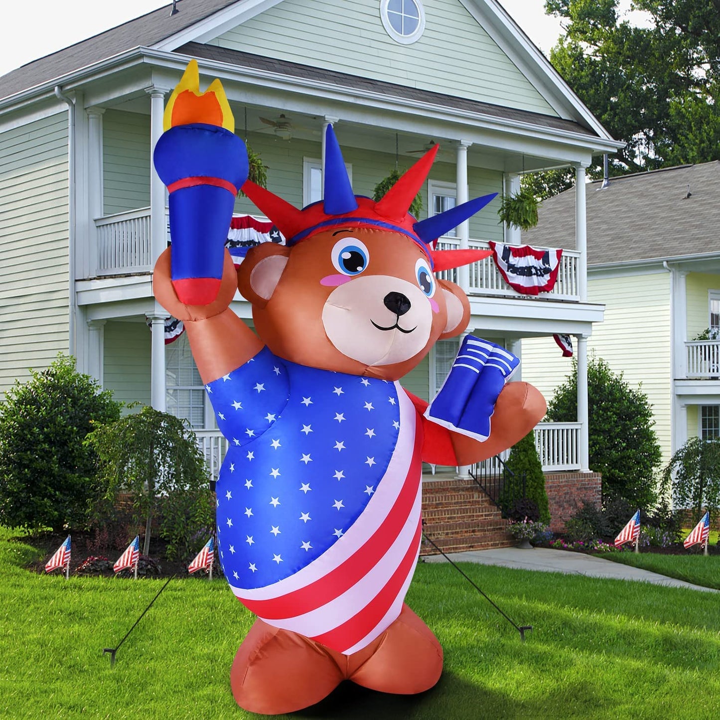 Patriotic Independence Day Inflatable Liberty Bear Statue Blowup w/ Built-in LED Light