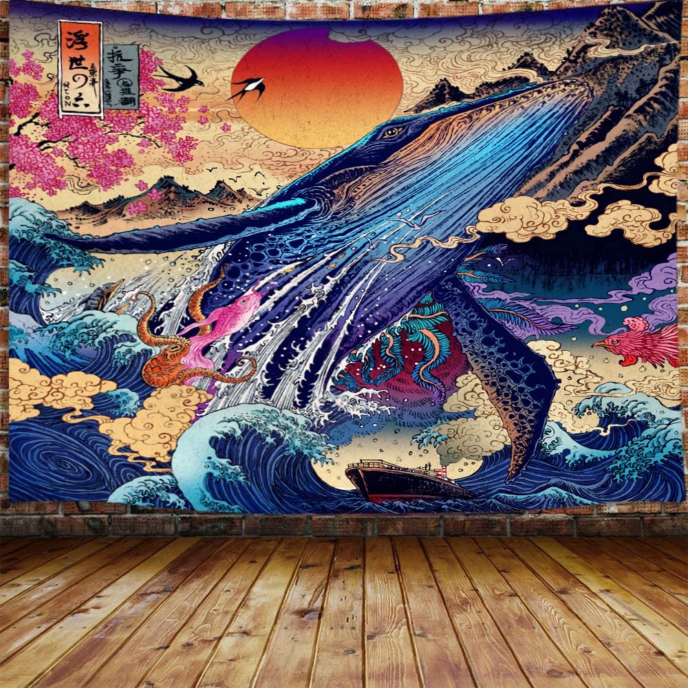 Japanese Whale Cool Tapestry for Men's Bedroom's Decoration (60"W X 40"H)