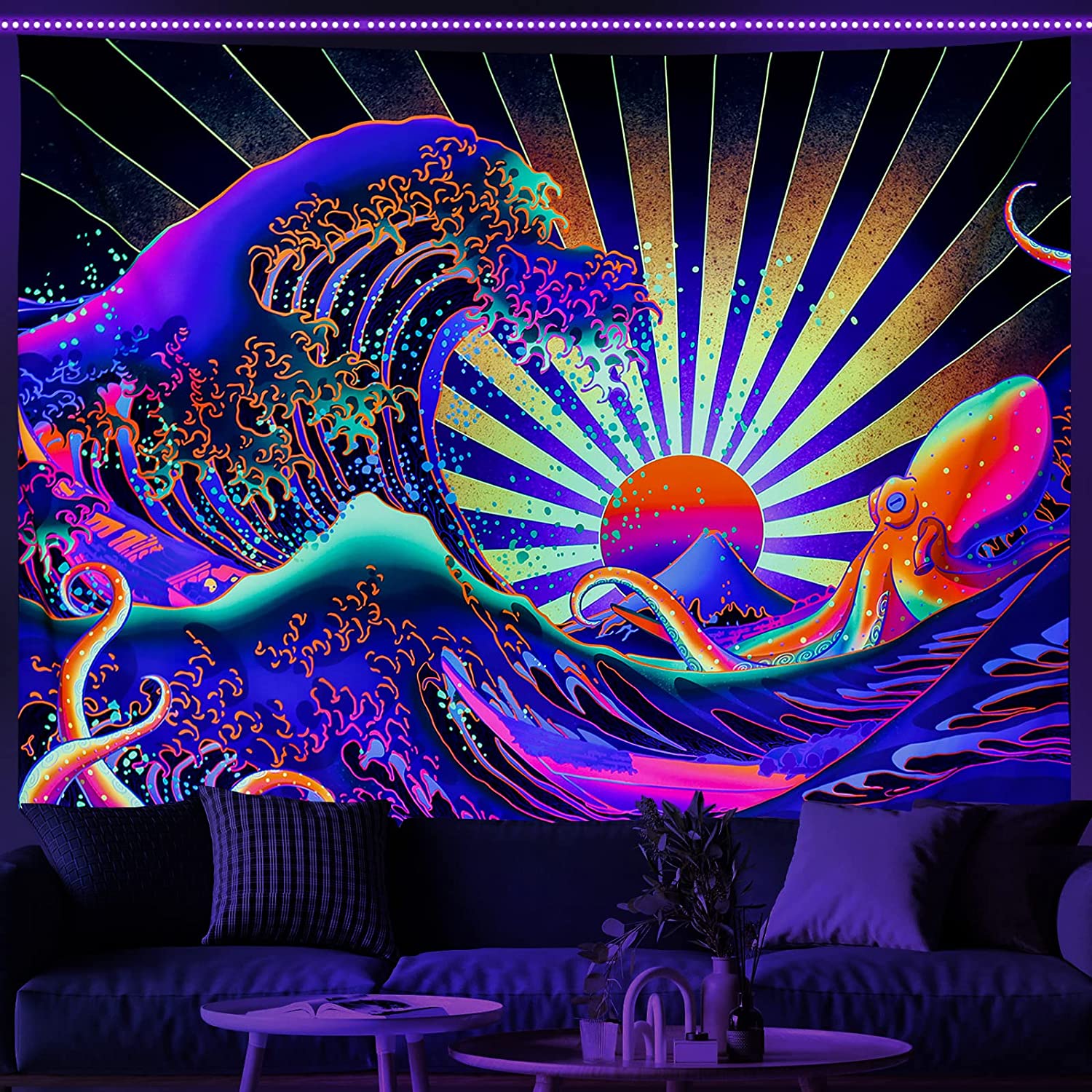 Blacklight Tapestry Great Wave UV Reactive Japanese Kanagawa Sunset Vintage Ocean, 52.1"x59.1"