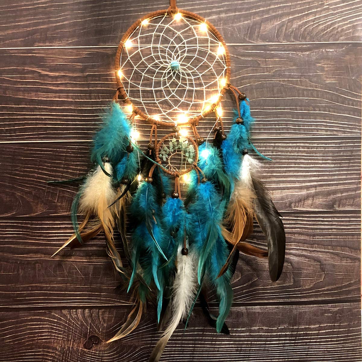 Dream Catcher Mobile LED Fairy Lights Handmade Traditional Circular Net for Wall Hanging Décor