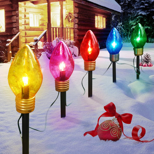 Christmas Lights Jumbo C9  8.5 Feet C7 String Outdoor Lawn Decorations with Pathway Marker Stakes, 5 Lights