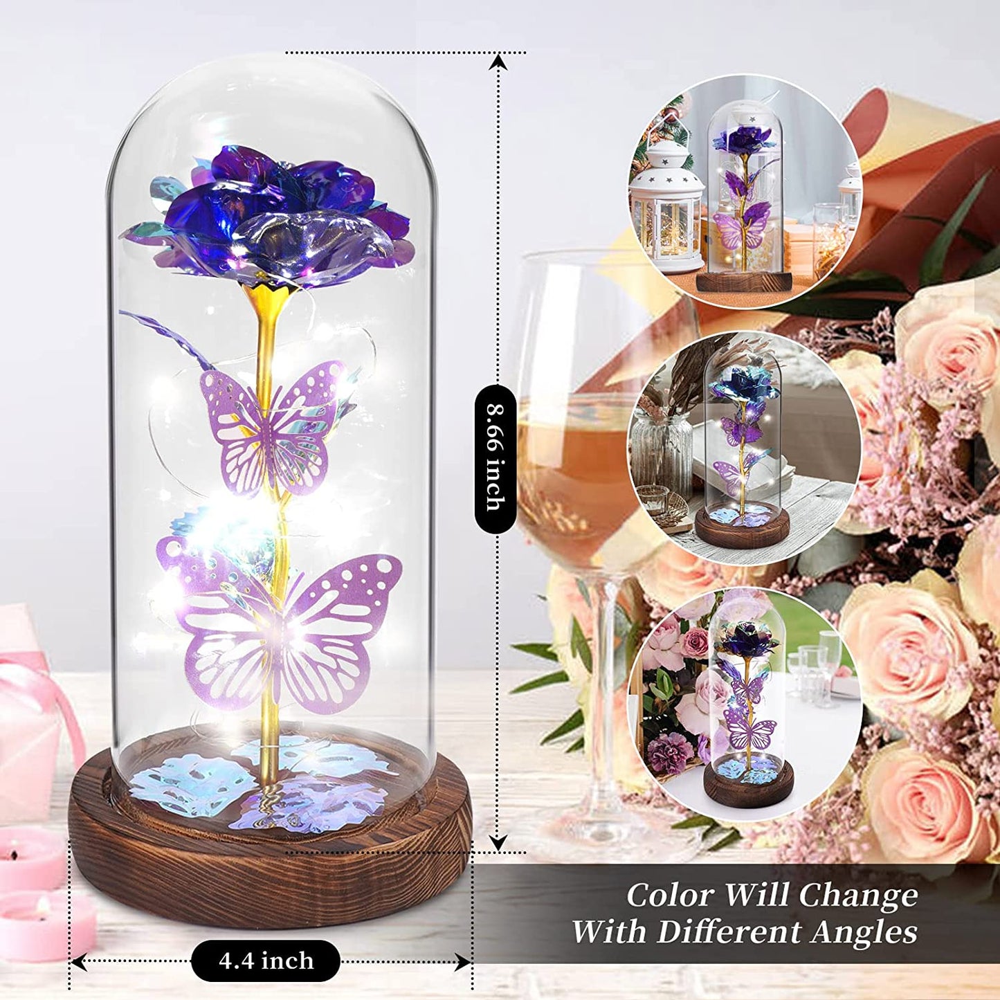 Valentines Day Gifts, Light Up Preserved Galaxy Rose, Flower Butterfly in Glass Dome, Purple