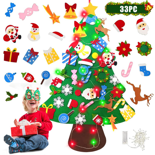 3.5FT DIY Felt Christmas Tree Decorations with 33 Ornaments 10ft Multi-Colored String Light