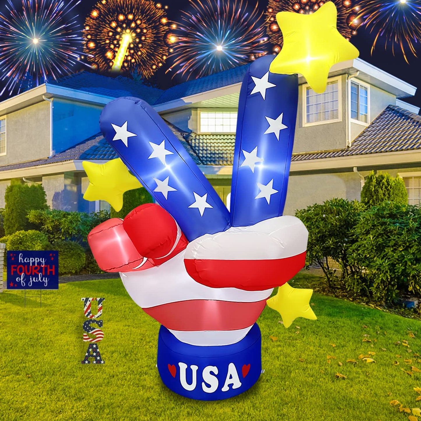 5ft Tall Patriotic Independence Day 4th of July Inflatable Victory Gesture w/ LED