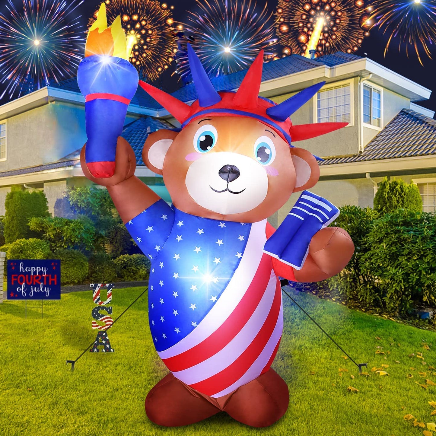 Patriotic Independence Day Inflatable Liberty Bear Statue Blowup w/ Built-in LED Light