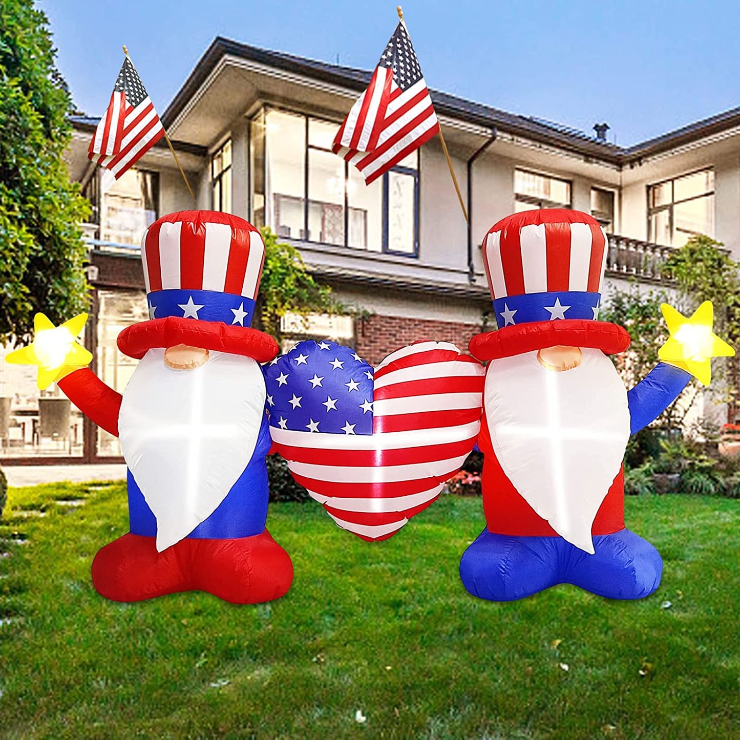 7ft Length Patriotic Independence Day Inflatable,4ft Blow Up Gnome w/ LEDs