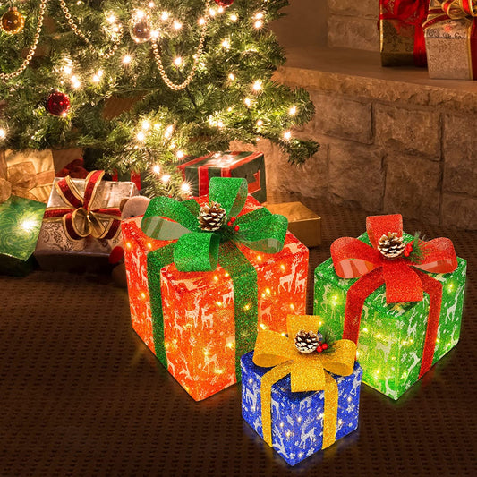 Set of 3 Christmas Multicolor LED Light up Present Boxes with Bow and Pinecones