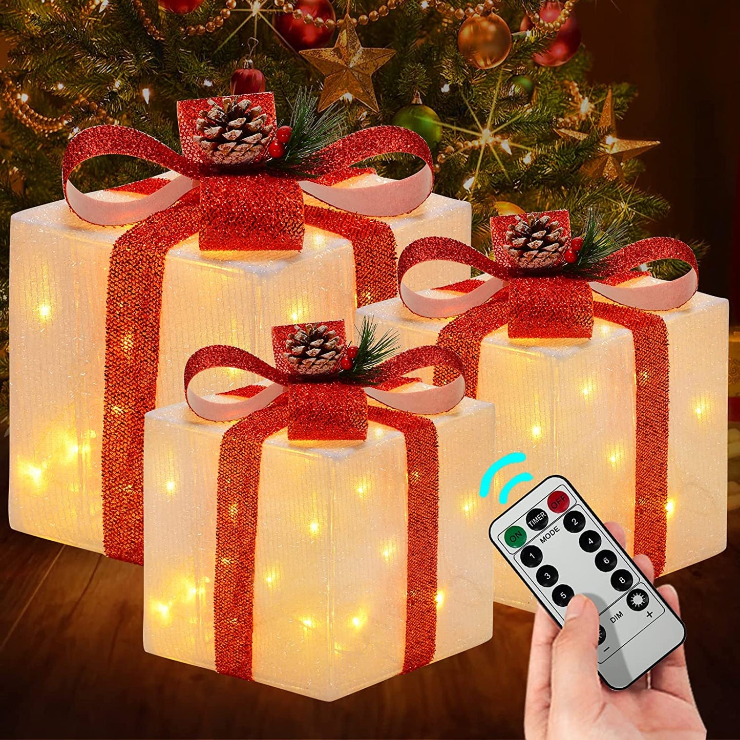 Set of 3 White Christmas Lighted Gift Boxes with Bow and Pinecones