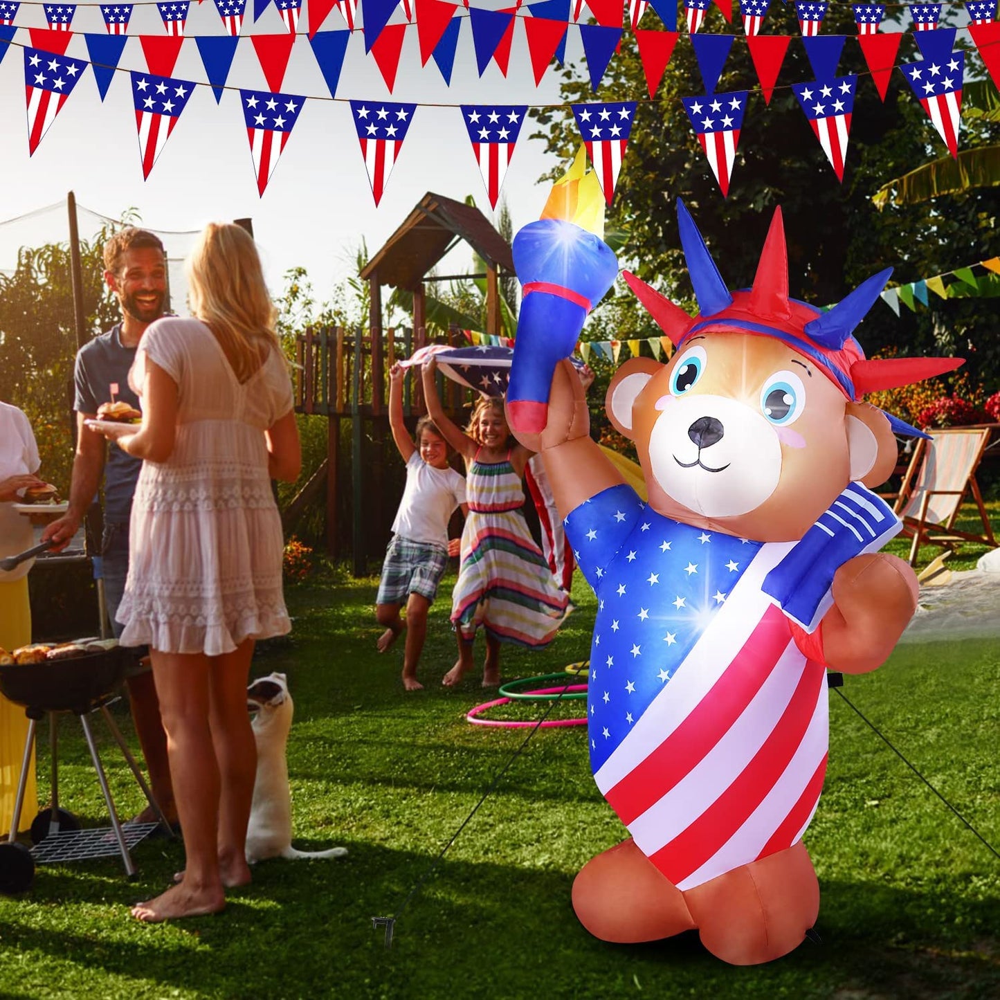 Patriotic Independence Day Inflatable Liberty Bear Statue Blowup w/ Built-in LED Light