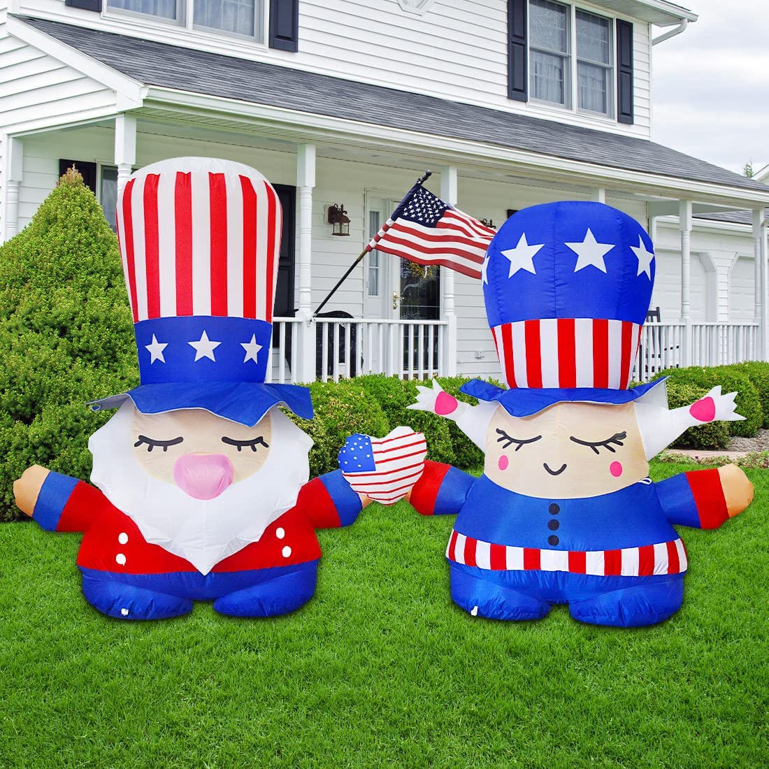Independence Day July 4th Inflatable 7.2FT Long Gnome Couple w/ Built-in LEDs