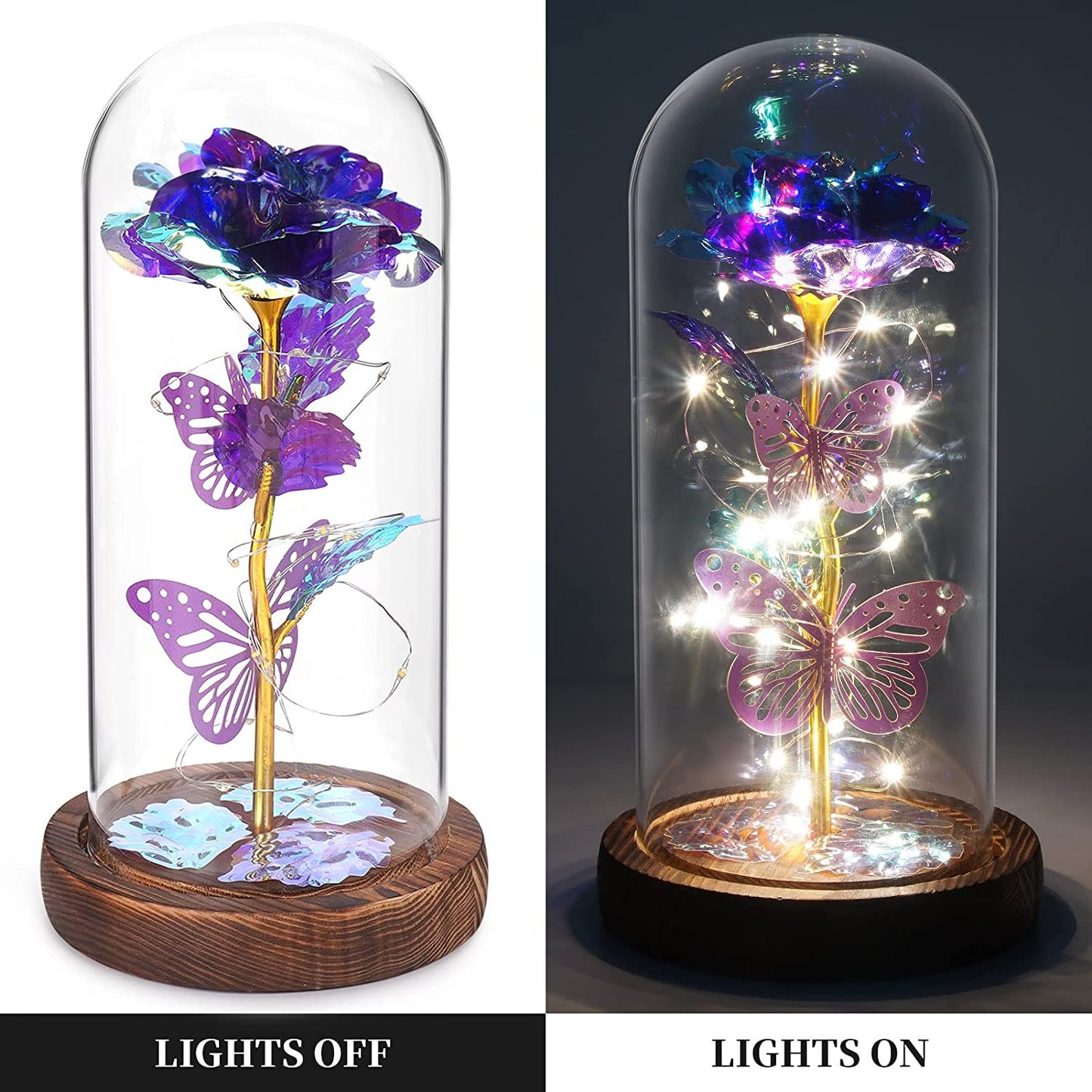 Valentines Day Gifts, Light Up Preserved Galaxy Rose, Flower Butterfly in Glass Dome, Purple