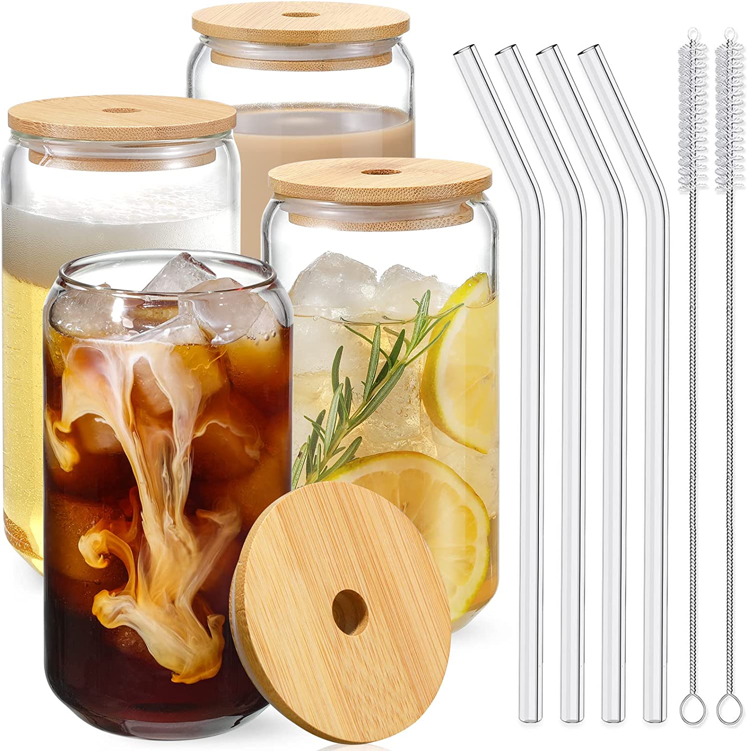 Drinking Glasses w/ Bamboo Lids & Glass Straw 4pcs Set - 16oz Can Shaped Glass Cups - 2 Cleaning Brushes