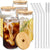 Drinking Glasses w/ Bamboo Lids & Glass Straw 4pcs Set - 16oz Can Shaped Glass Cups - 2 Cleaning Brushes