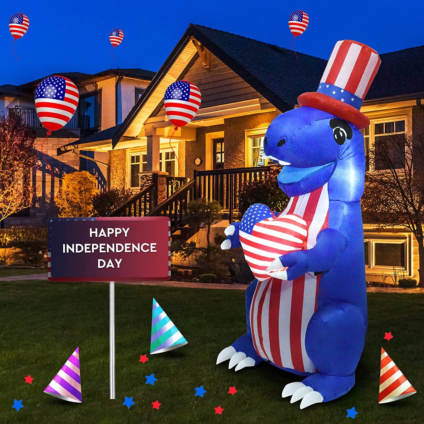 5ft Independence Day Dinosaur Inflatable Outdoor Decoration w/ Built-in LED Lights