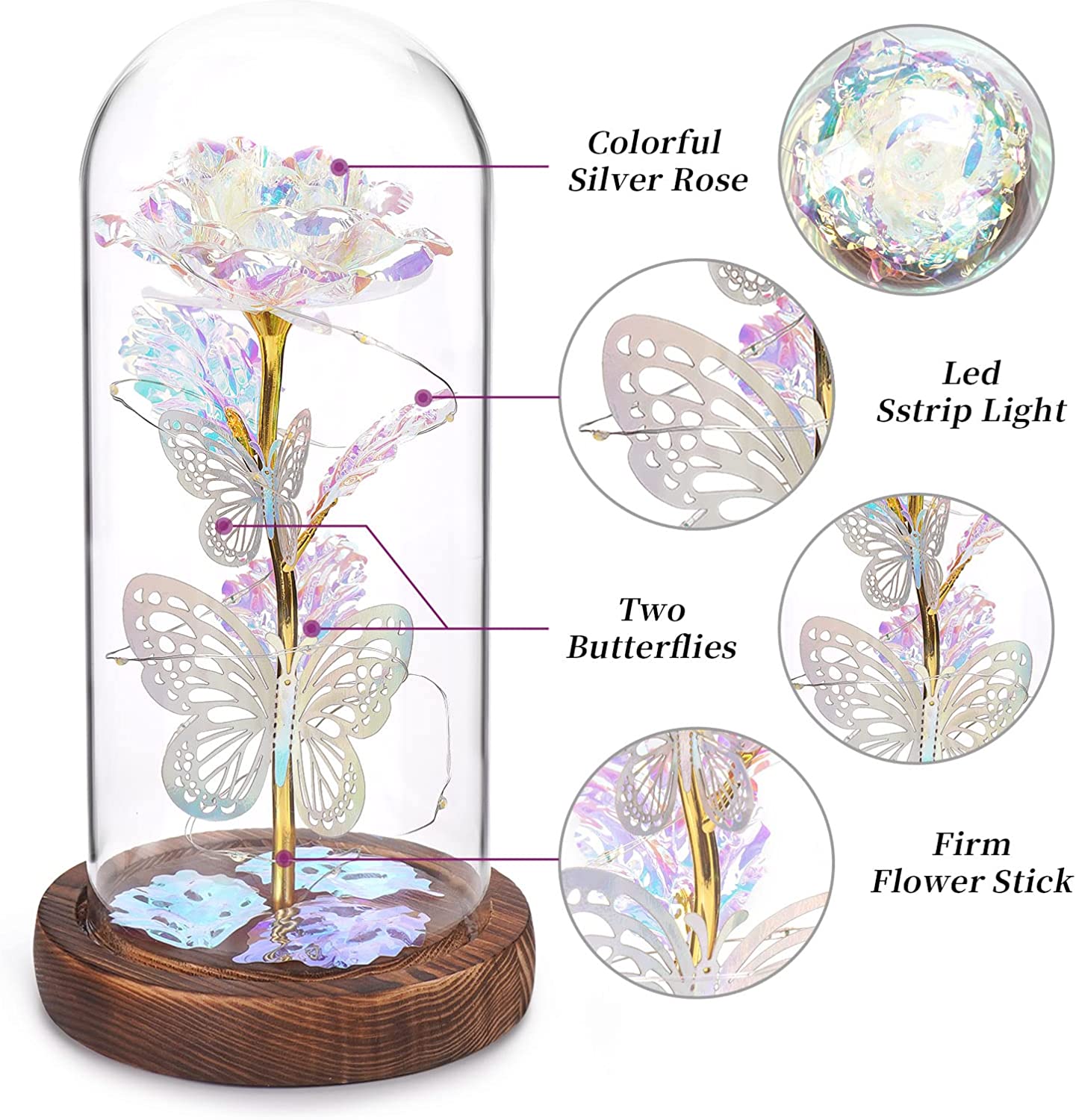 Valentines Day Gifts for Her,Light Up Preserved Galaxy Rose Flower Butterfly in Glass Dome, Silver