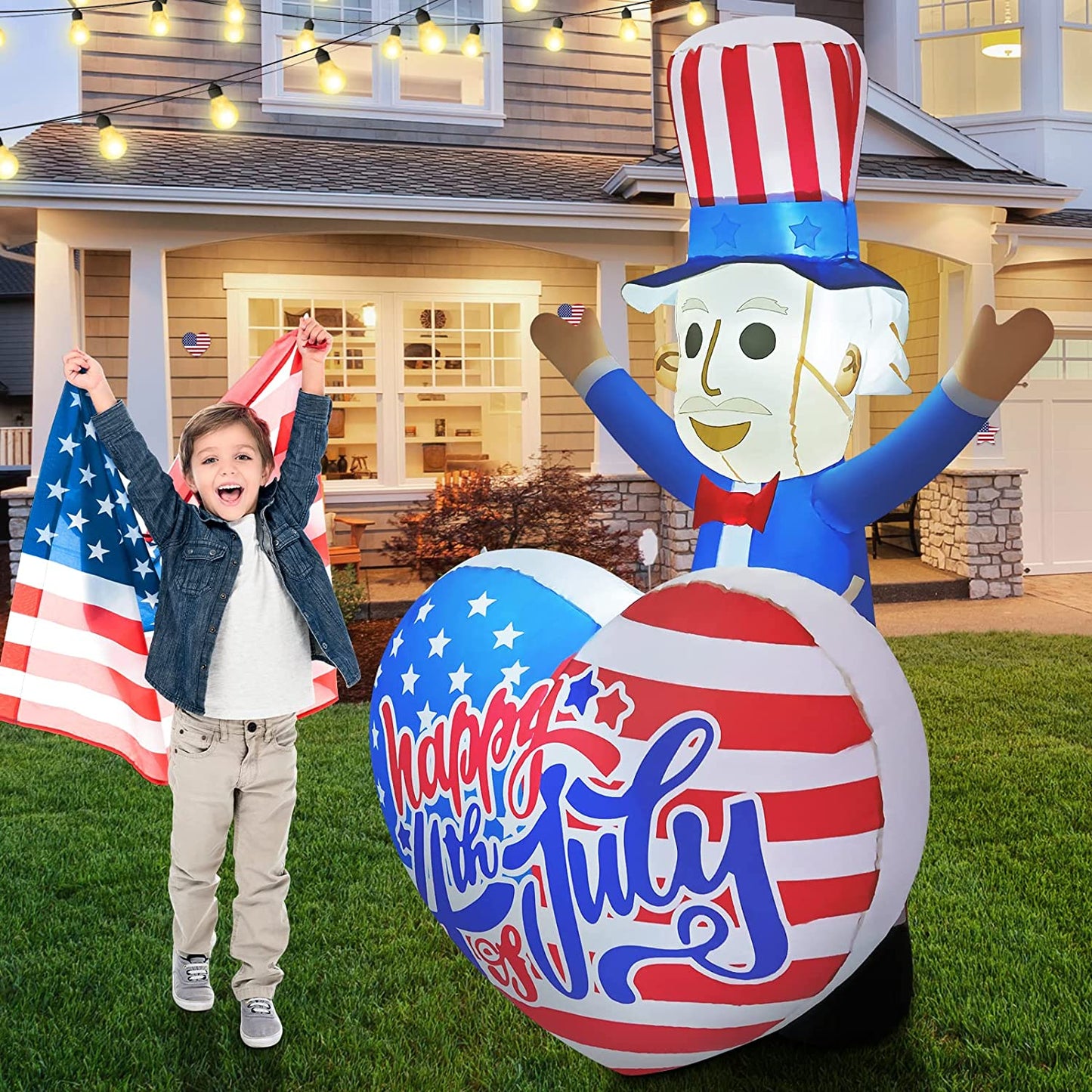 4th of July Inflatable Outdoor 6ft, Patriotic Uncle Sam w/ Heart for Independence Day